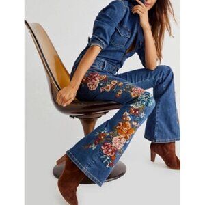 Free People Driftwood Jumpsuit Womens Medium NWT Embroidered Denim Wash Flared